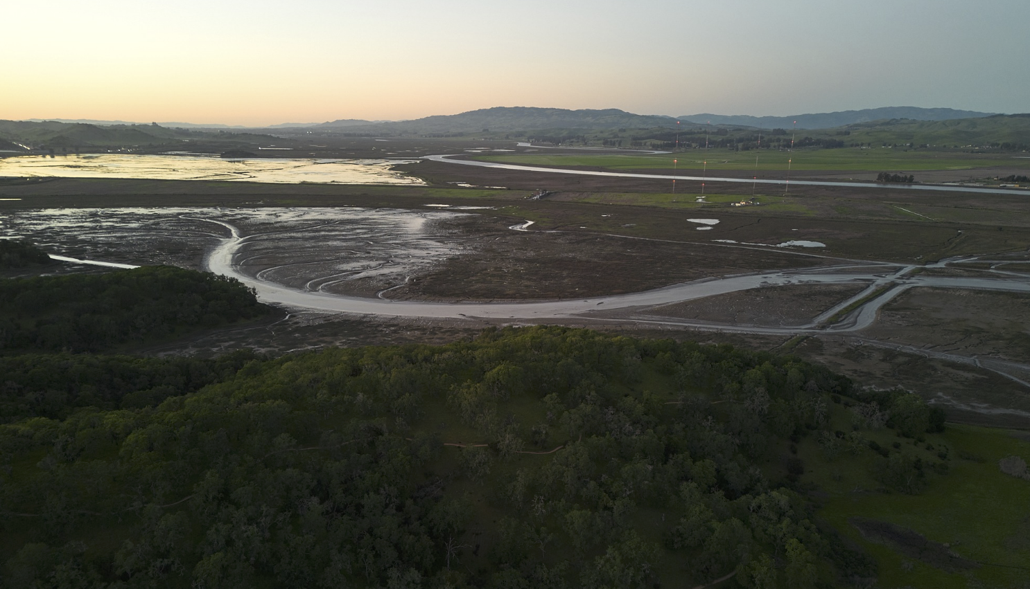 Aerial view of Petaluma River wetlands